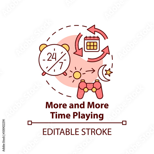 More and more time playing concept icon. Increasing term. Sign of game addiction abstract idea thin line illustration. Isolated outline drawing. Editable stroke. Arial, Myriad Pro-Bold fonts used
