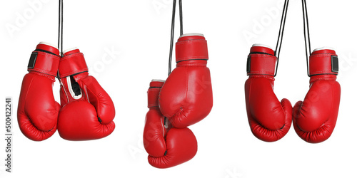 Set with red boxing gloves on white background. Banner design © New Africa