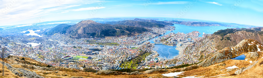 Panoramic aerial view of Bergen from Ulriken mountain, Norway