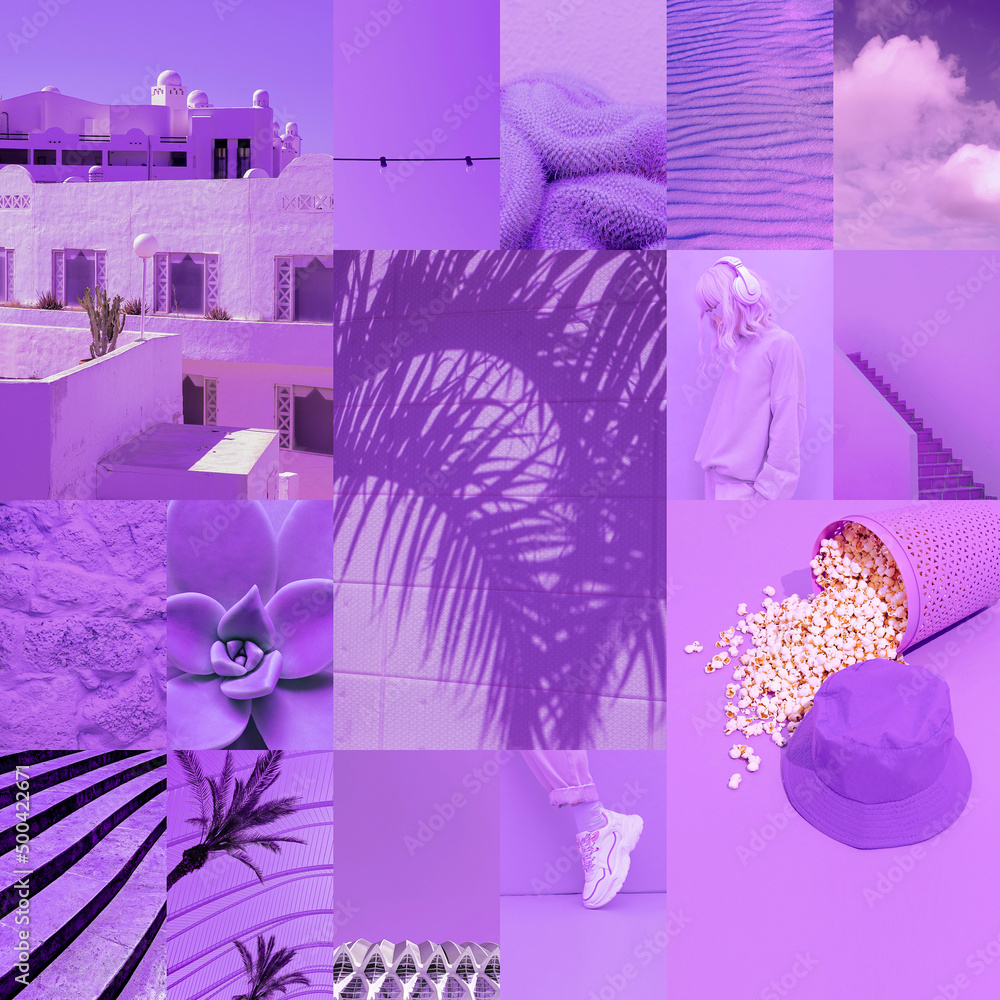 Set of trendy aesthetic photo collages. Minimalistic images of one top color. Purple moodboard
