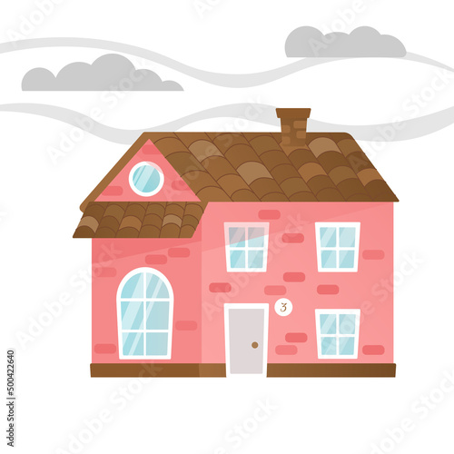 pink house with brown tiled roof