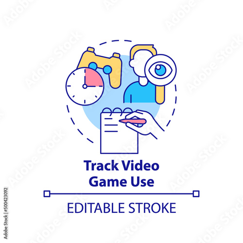 Track video game use concept icon. Time control. Coping with gaming addiction abstract idea thin line illustration. Isolated outline drawing. Editable stroke. Arial, Myriad Pro-Bold fonts used