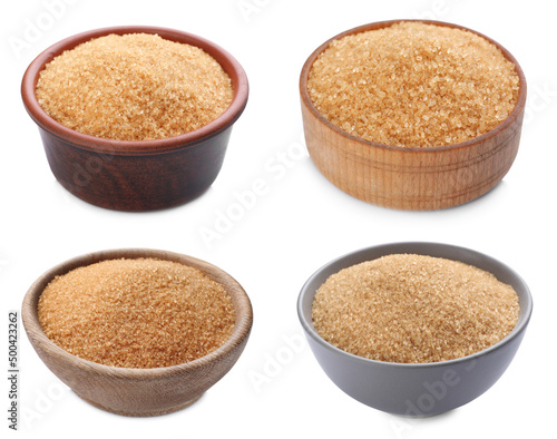 Bowls of brown sugar on white background