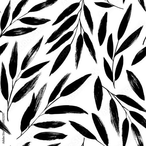 Black leaves vector seamless pattern. Abstract decorative botanical ornament. Hand drawn ink illustration with black leaves. Floral organic background. Olive hand drawn black twigs