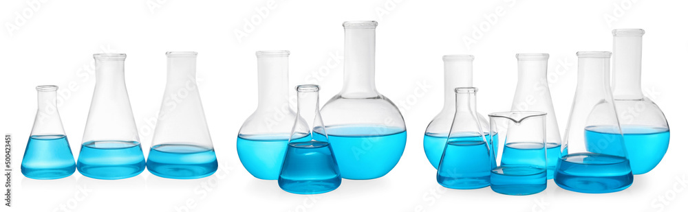 Different laboratory glassware with light blue samples on white background, collage. Banner design Different laboratory glassware with light blue samples on white background, collage. Banner design