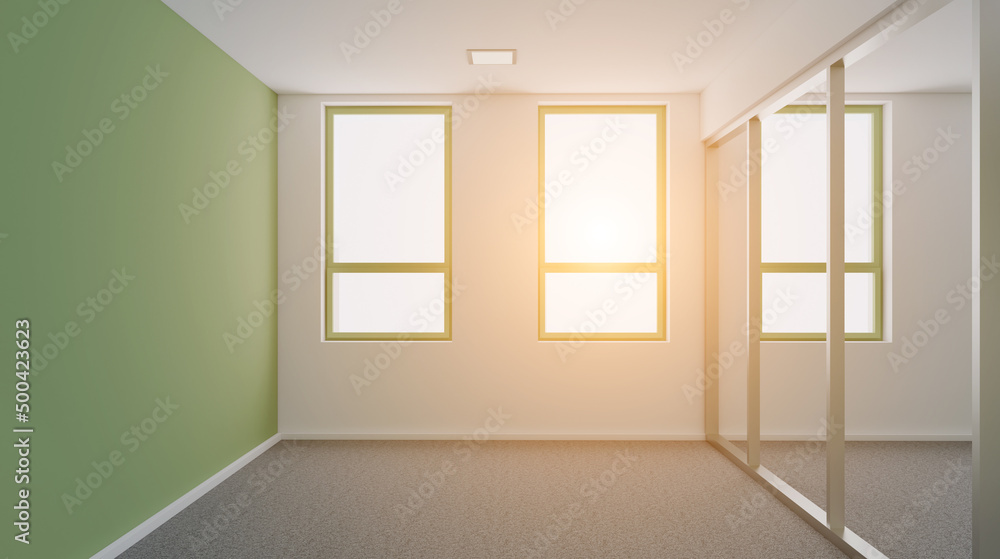 Elegant office interior. Mixed media. 3D rendering.. Sunset. Elegant office interior. Mixed media. 3D rendering.. Sunset.