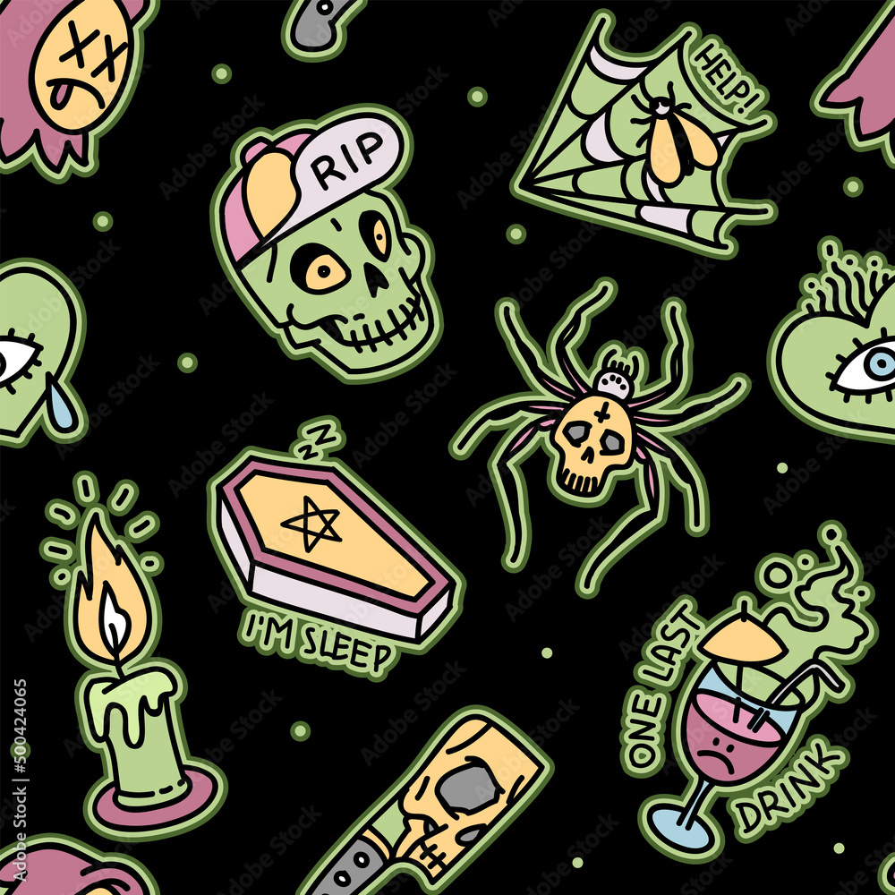 Halloween psychedelic printable seamless pattern. Vector Halloween background of cartoon zombie had, spider, poion, coffin for tee print fabric design