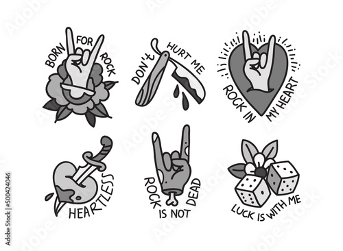 Printable Tattoo designs with phrases and quots in Rockabilly style. Old school tattoo stickers collection in Rock n Roll style. Trendy Tattoo Rock style sticker and badge designs  
