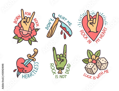 Printable Rockabilly Tattoo designs with phrases and quots. Old school tattoo stickers collection in Rock n Roll style. Trendy Tattoo Rock style sticker and badge designs  
