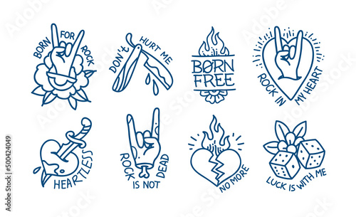 Rockabilly Tattoo designs with phrases and quots. Old school tattoo stickers collection in Rock n Roll style. Trendy Tattoo Rock style sticker and badge designs  
