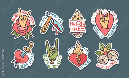 Old school tattoo stickers collection in Rock n Roll style. Rockabilly Tattoo stickers with phrases and quots. Trendy Tattoo sticker and badge designs  
