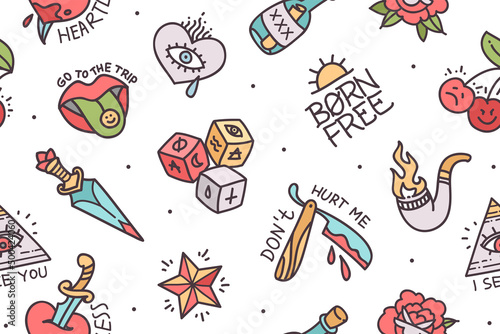 Old school simple tattoo designs print fabric seamless pattern. Traditional Tattoo background with rockabilly elements, phrases and quots. Trendy Tattoo designs for tee print fabric
