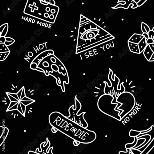 Simple tattoo designs seamless pattern in doodle style. Old school Tattoo background with rockabilly elements, phrases and quots. Trendy Tattoo designs for tee print fabric
