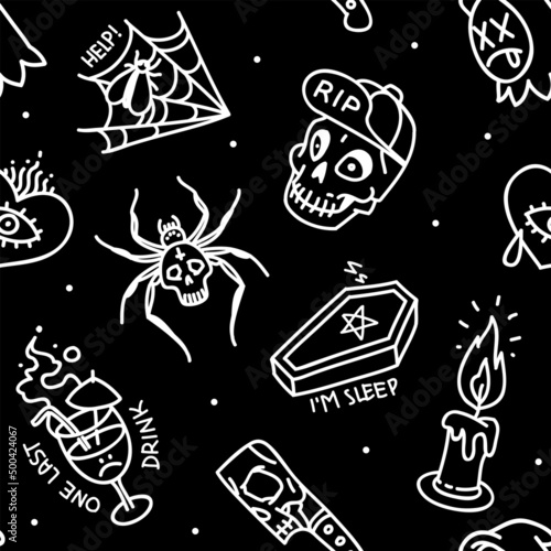 Halloween printable seamless pattern on black background. Vector Halloween background of cartoon zombie had, spider, poion, coffin for tee print fabric design