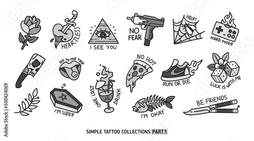 Old school simple tattoo collection on white background. Traditional tattoo symbols and rockabilly elements with phrases and quots. Trendy Tattoo designs for tee print fabric