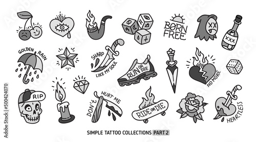 Old school simple tattoo collection on white background. Traditional tattoo symbols and rockabilly elements with phrases and quots. Trendy Tattoo designs for tee print fabric
