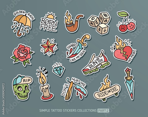 Old school simple tattoo stickers collection. Traditional Tattoo stickers and rockabilly elements with phrases and quots. Trendy Tattoo sticker and badge designs  
