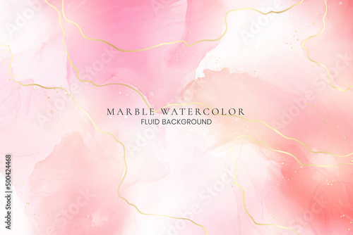 Rose pink liquid watercolor background with golden dots. Dusty blush marble alcohol ink drawing effect. Vector illustration design template for wedding invitation, menu, rsvp