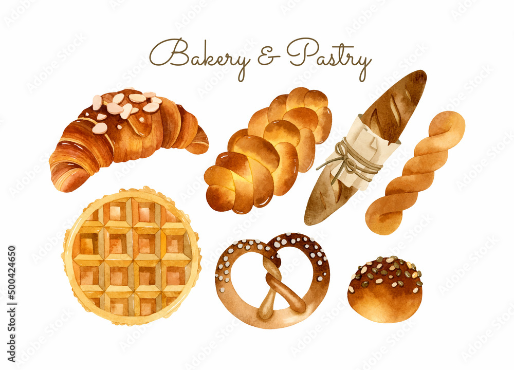 Bakery, bread and pastry watercolor food illustration set Stock Vector ...