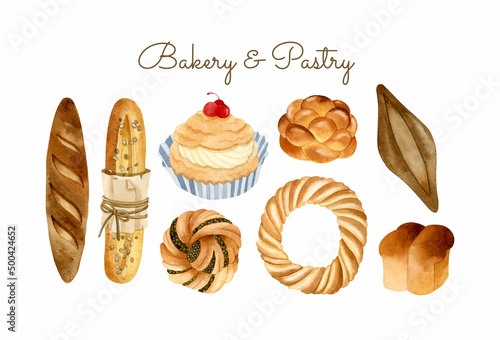 Bakery and pastry watercolor food illustration set 