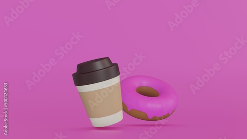 American breakfast concept of food. A cup of coffee with a doughnut on pink background. Minimal design template. 3D Render