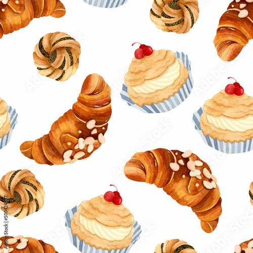 Almond croissant, poppy bun and cream pastry watercolor seamless pattern 