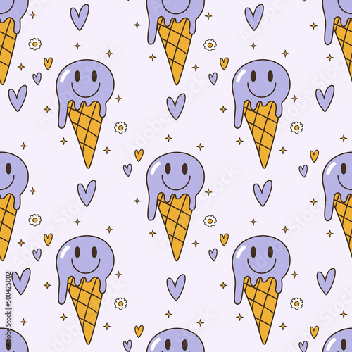 Seamless vector pattern with abstract groovy ice cream cone. 70s, 80s, 90s vibes funky dessert background. Vintage nostalgia texture for design and print