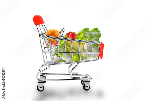 Close-up Shopping cart or shopping trolley with vegetable and fruits isolated on white background, with clipping path selection. Shopping concept.