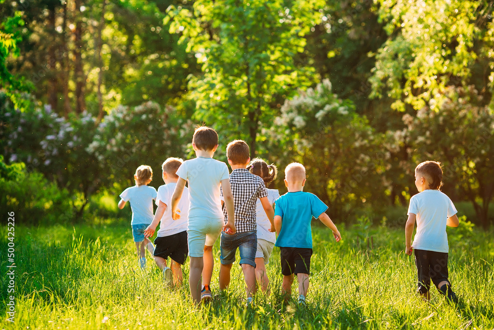 Fototapeta premium A group of happy children of boys and girls run in the Park on the grass on a Sunny summer day.
