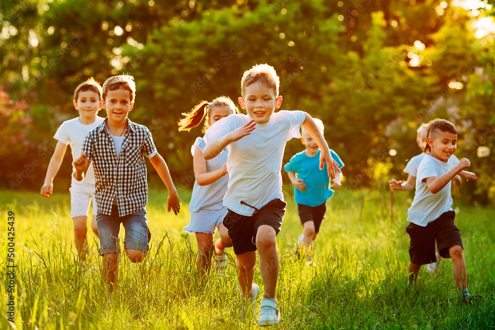 Fototapeta premium A group of happy children of boys and girls run in the Park on the grass on a Sunny summer day.