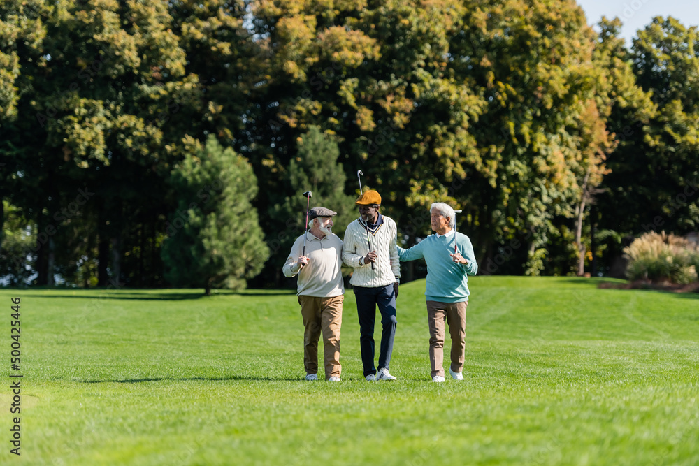 senior multiethnic friends smiling and walking with golf clubs on green field. senior multiethnic friends smiling and walking with golf clubs on green field.