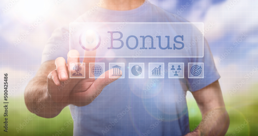 A man in a t-shirt outside selecting a Bonus word concept on a computerised display