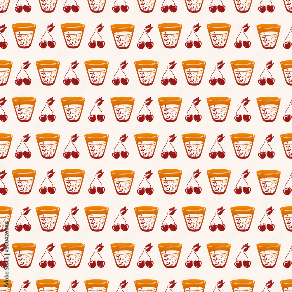 Seamless pattern with soda in glass cup and cherries.
Kitchen background. Print for textiles, wrapping paper, wallpaper.