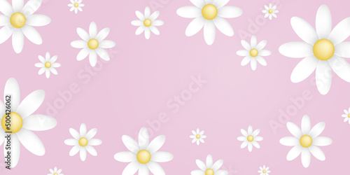 White and yellow blossoms on a pink background with space for text