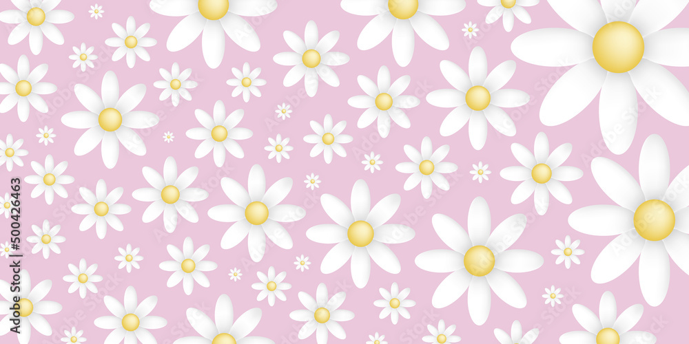 Many White and yellow flowers on a pink background