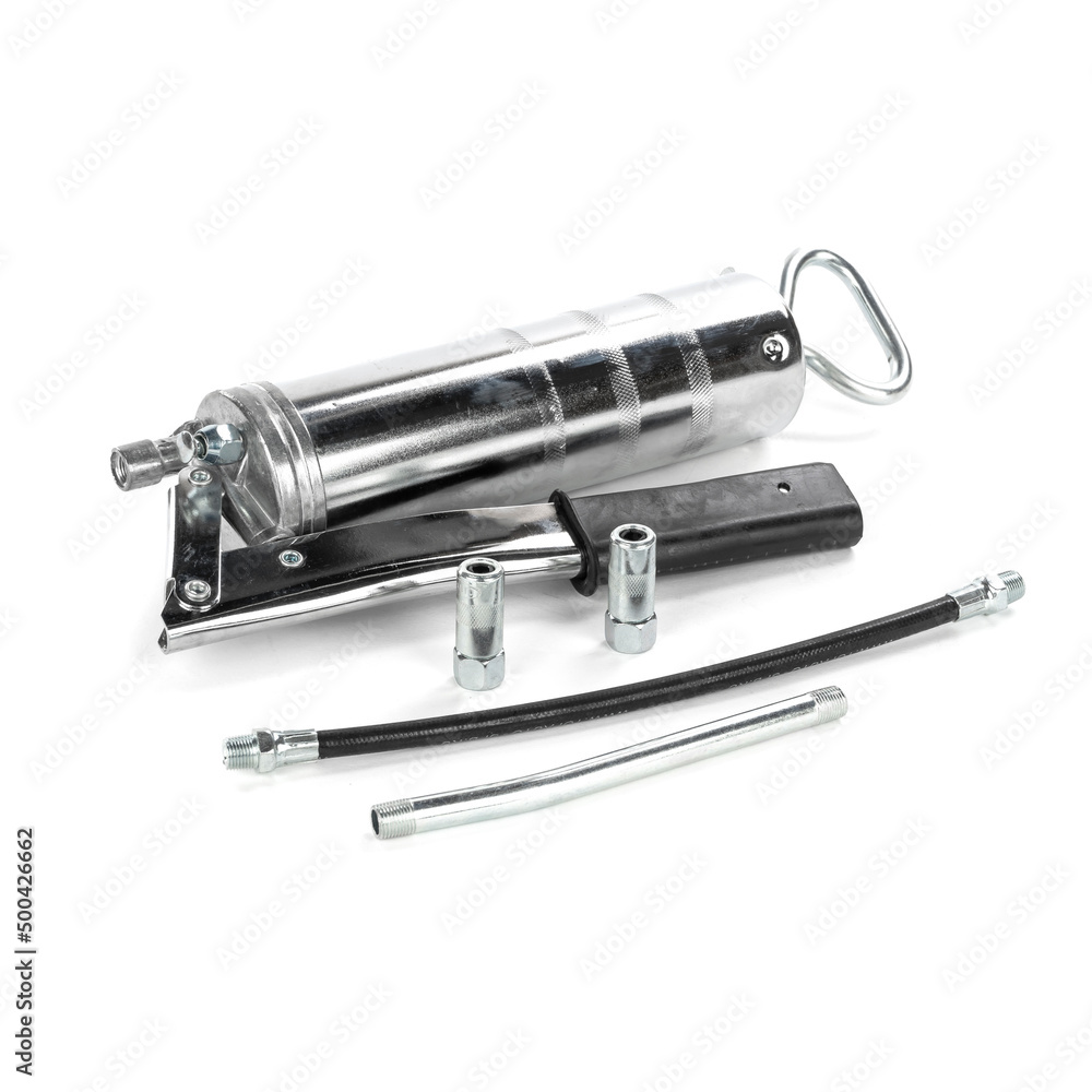 grease gun with steel spout isolated on white background grease gun with steel spout isolated on white background