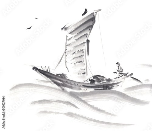 海を渡る船　水墨画イラスト