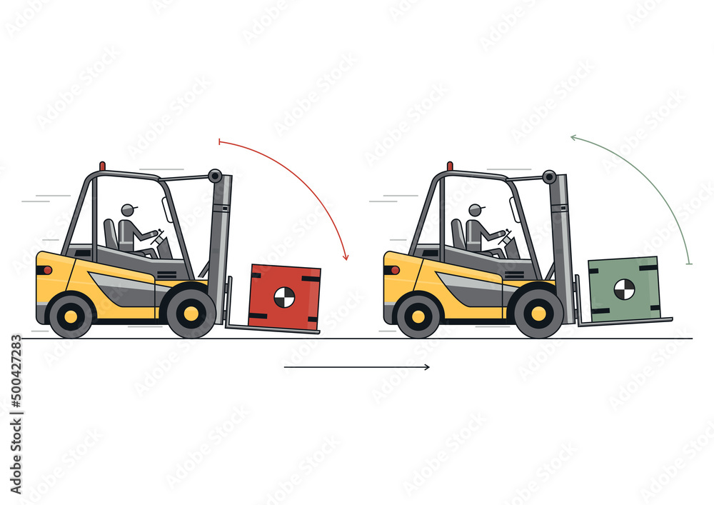 Traveling with raised forks and mast tilted back. Flat line vector