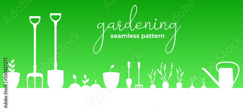 Gardening seamless horizontal banner. Garden equipment and plants, sprouts. White silhouettes on a green background. Flat vector illustration