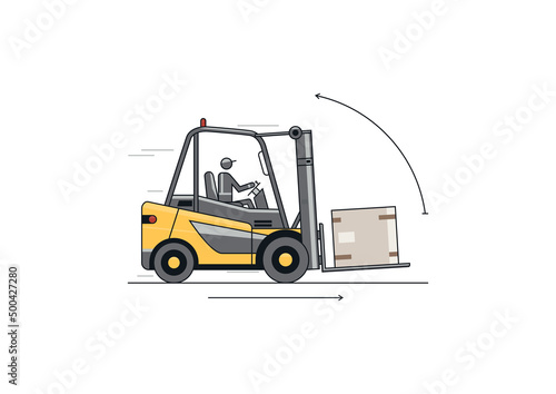 Traveling with raised forks and mast tilted back. Flat line vector design of forklift with operator and load.