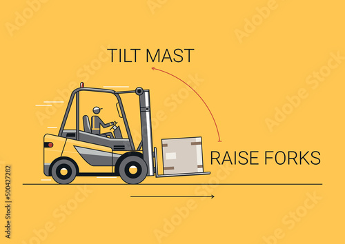 Traveling with raised forks and mast tilted back. Flat line vector design of forklift with operator and load.