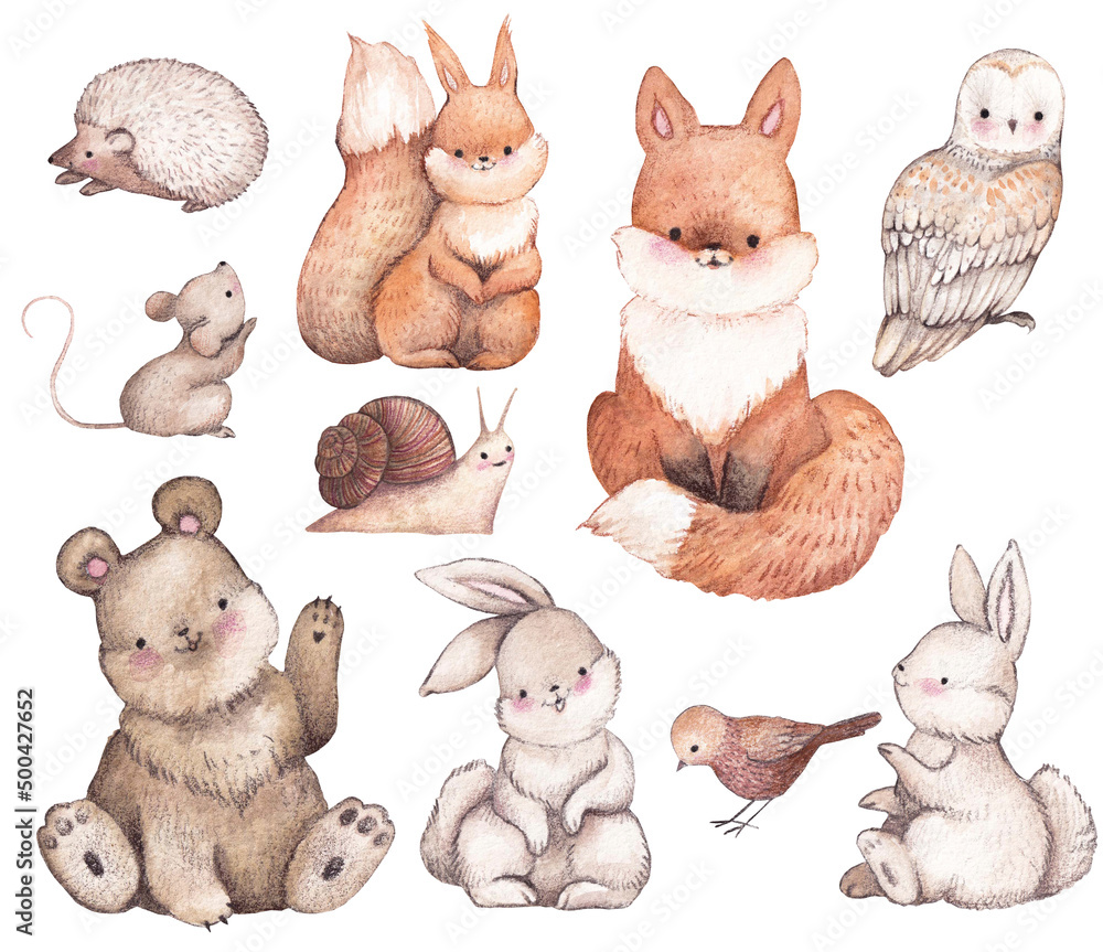 Fototapeta premium Watercolor forest cute cartoon animals set isolated elements
