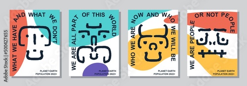 Set of posters with surrealistic portraits and philosophical slogans. Simple and understandable minimalistic graphics. Vector template