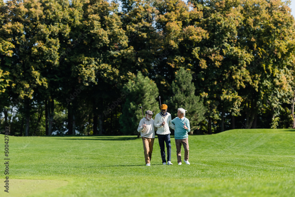 senior multiethnic golfers walking with golf clubs on green field near trees. senior multiethnic golfers walking with golf clubs on green field near trees.