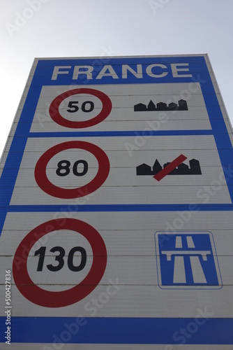 French boundary sign with speed limits, low, angle, view (vertical), Seltz, Grand Est, France
