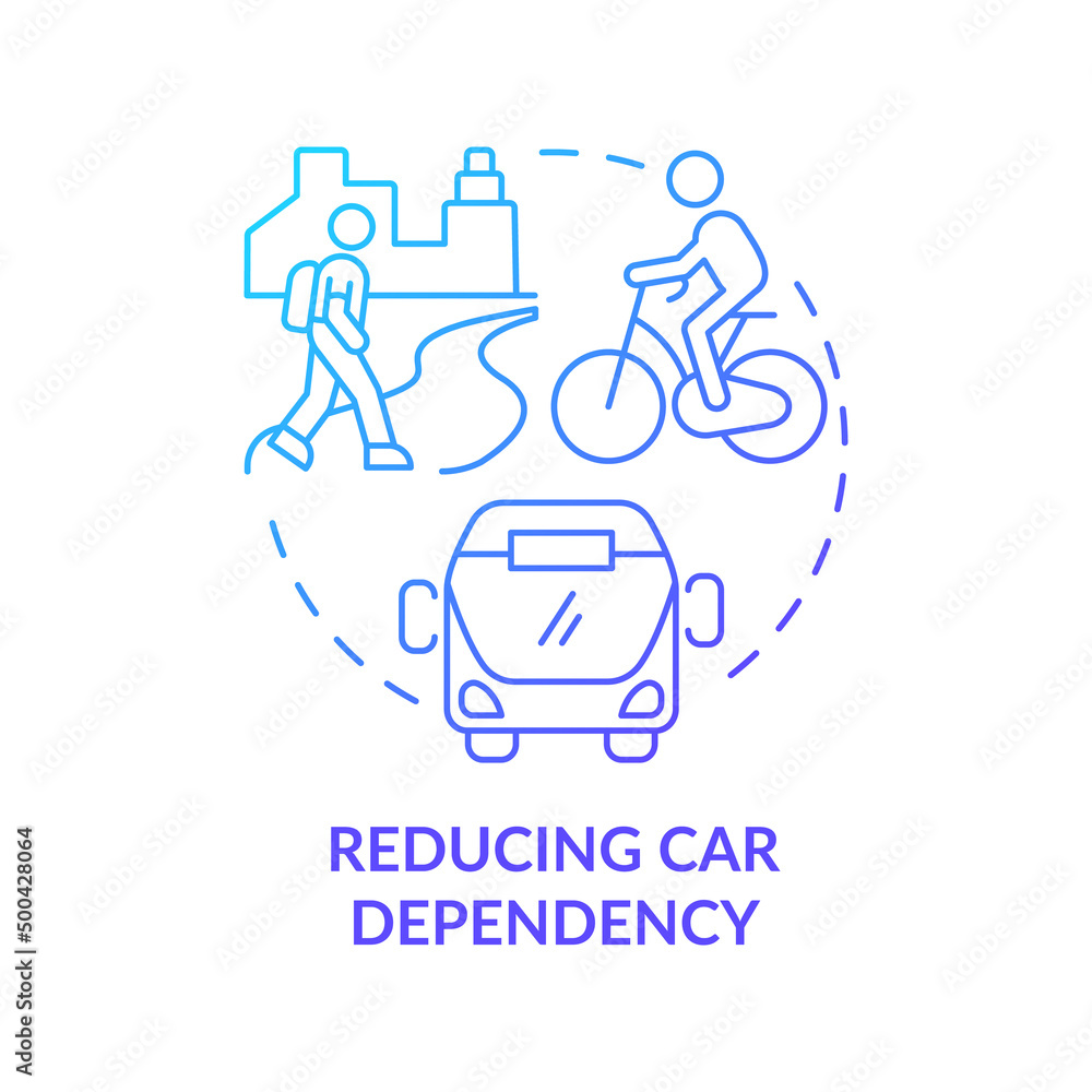 Reducing car dependency blue gradient concept icon. Sustainability in urban planning abstract idea thin line illustration. Car-sharing. Isolated outline drawing. Myriad Pro-Bold font used Reducing car dependency blue gradient concept icon. Sustainability in urban planning abstract idea thin line illustration. Car-sharing. Isolated outline drawing. Myriad Pro-Bold font used