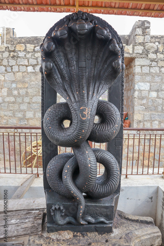 An aesthetically carved sculpture of the Snake God Naga in black stone adorns the Jain Mahavira temple at Kanakagiri hills in Karnataka, India. photo