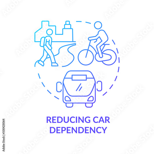 Reducing car dependency blue gradient concept icon. Sustainability in urban planning abstract idea thin line illustration. Car-sharing. Isolated outline drawing. Myriad Pro-Bold font used