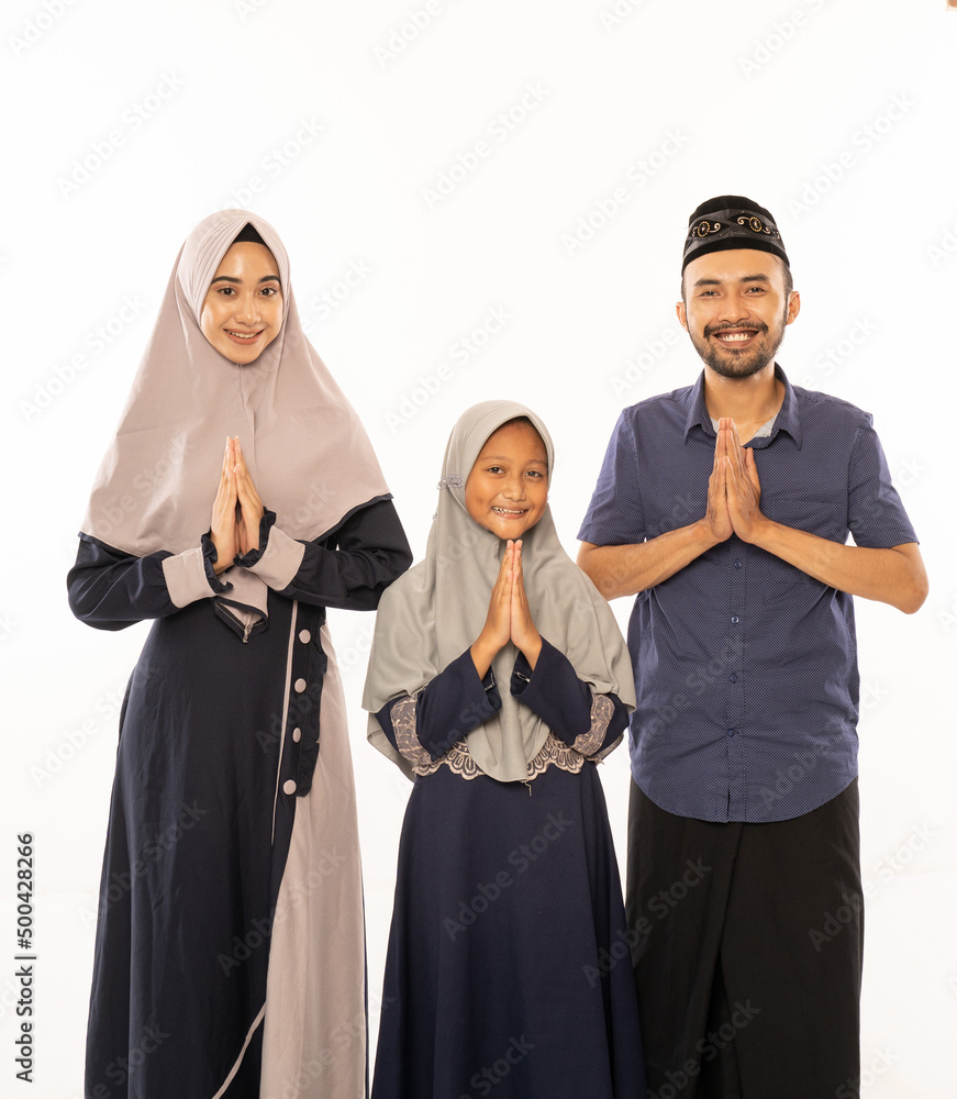 gesture of muslim family greeting over white background