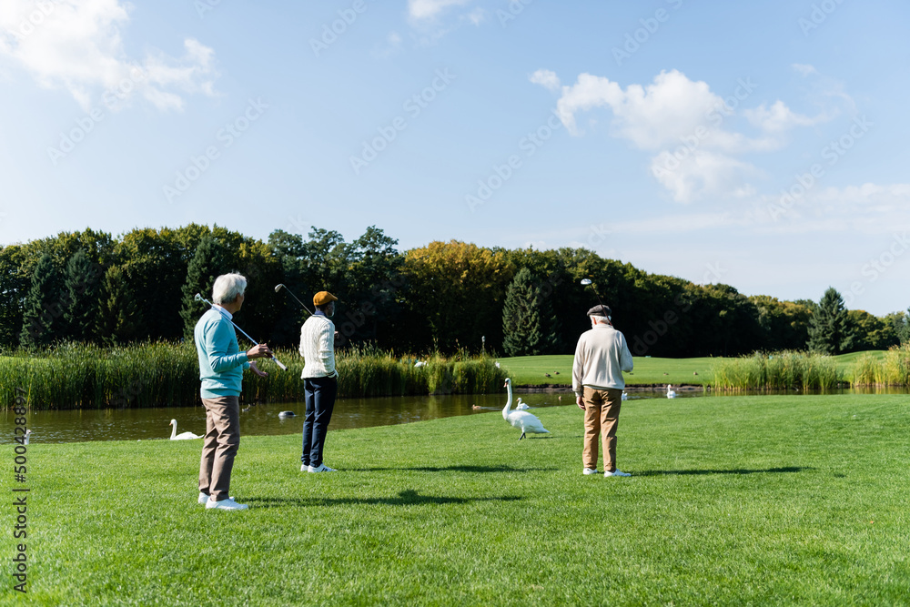 back view of senior multiethnic friends with golf clubs standing on green lawn near pond. back view of senior multiethnic friends with golf clubs standing on green lawn near pond.